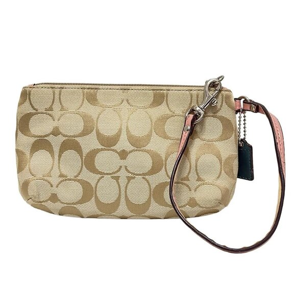 Auth COACH Signature - Beige Light Pink Jacquard Leather Pouch - Picture 3 of 6